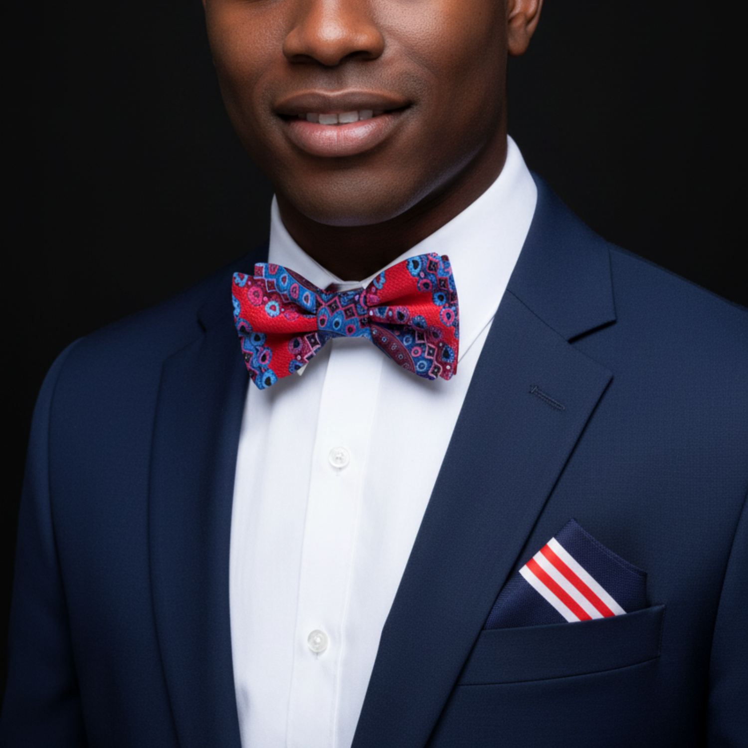 A Red, Blue, Purple, Pink Color Abstract Pattern Silk Bow Tie, Blue, Red Stripe Pocket Square