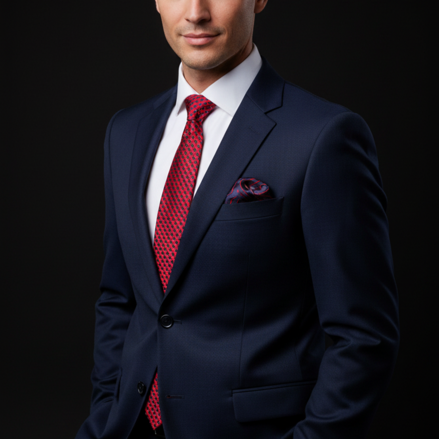 Man wearing a navy suit with a red patterned tie and pocket square on a black background