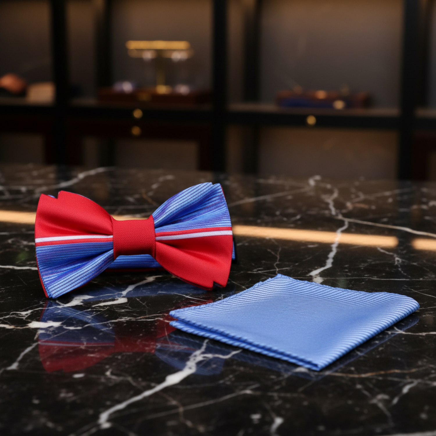 Light Blue, Red Lined Bow Tie and Pocket Square||Red, Blue