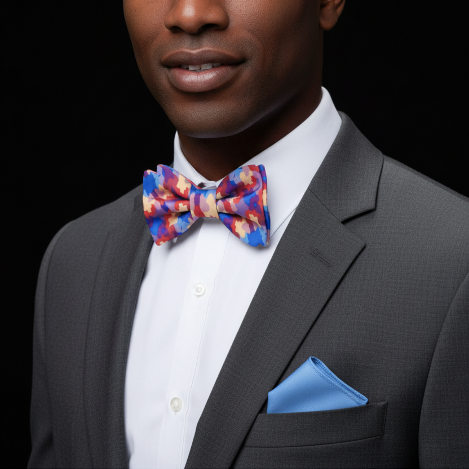 Man wearing a gray suit with a colorful bow tie and blue pocket square on a black background