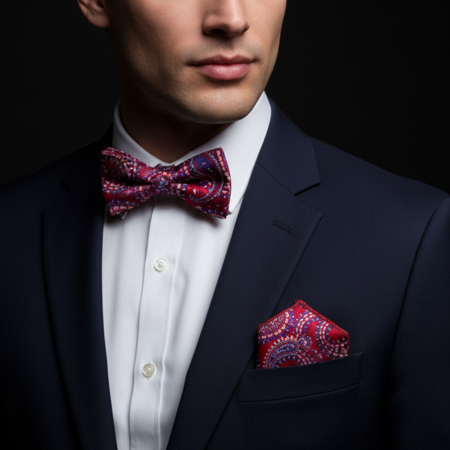 Man wearing a dark suit with a red and purple bow tie and pocket square against a black background