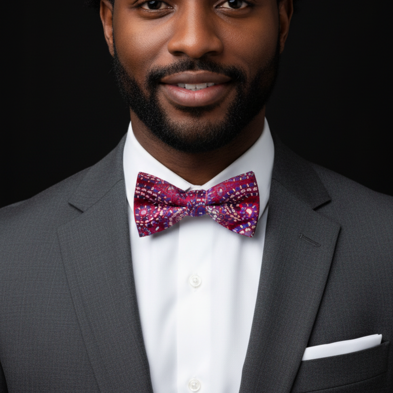 Man wearing a gray suit with a white shirt and a colorful bow tie against a black background