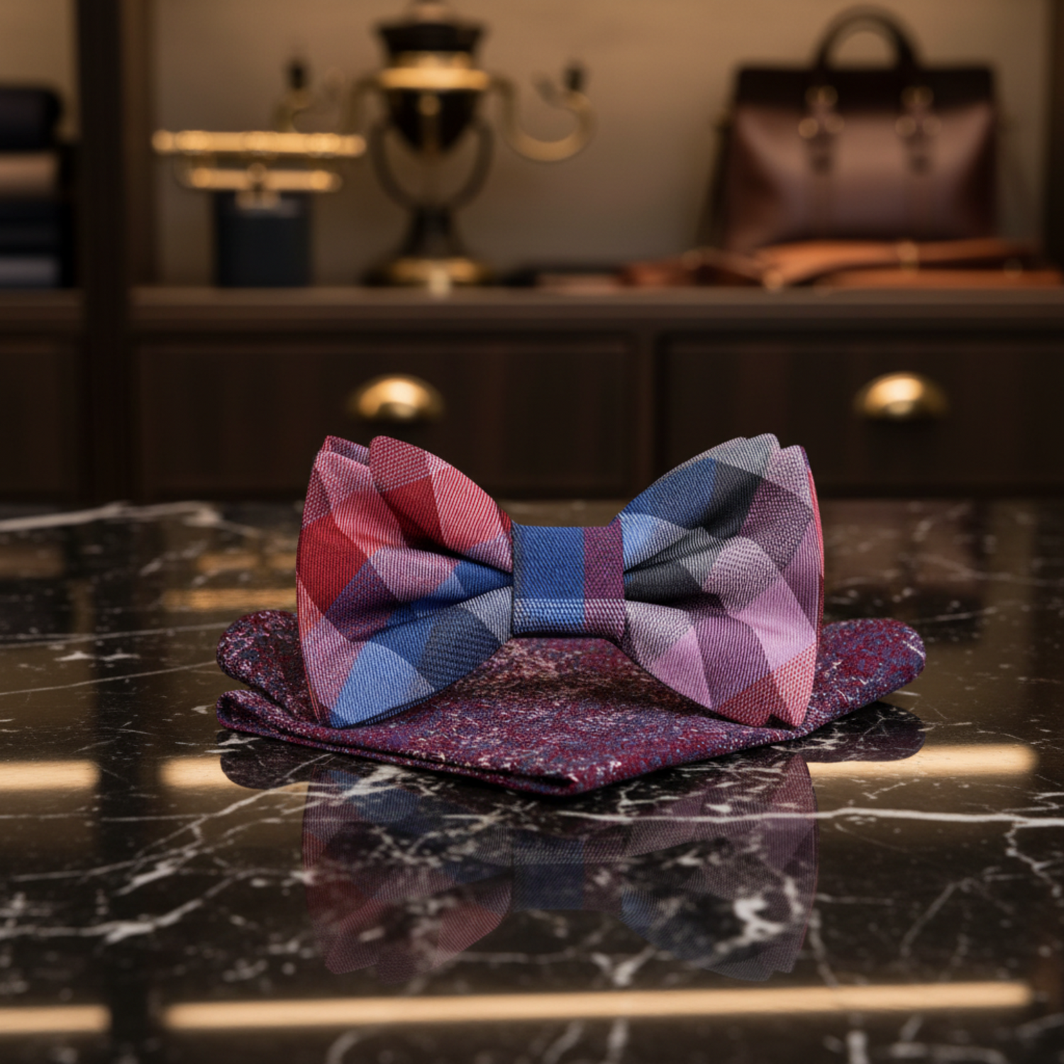 Red Blue Pink Plaid Bow Tie and Accenting Square