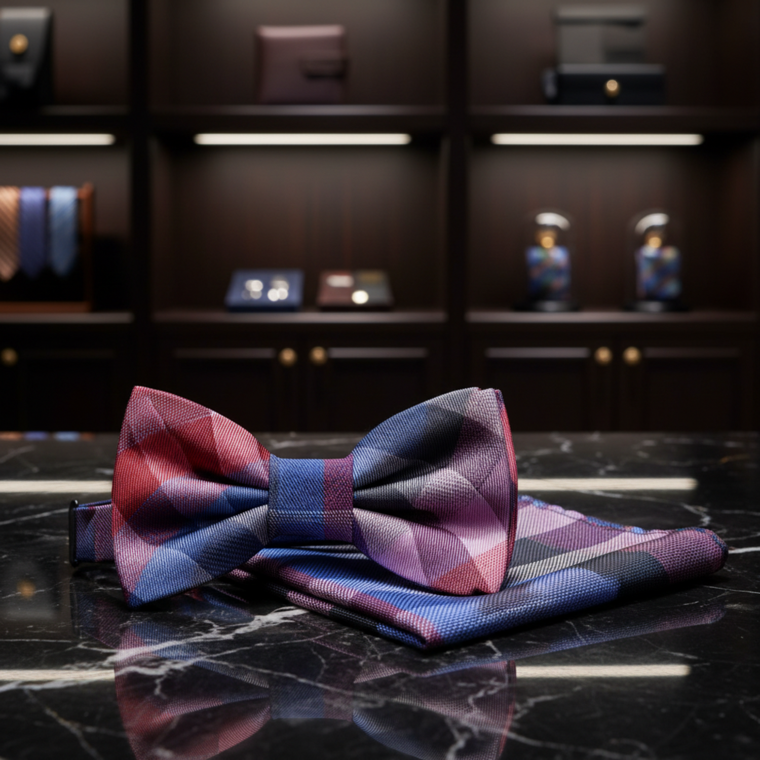 Red Blue Pink Plaid Bow Tie and Square