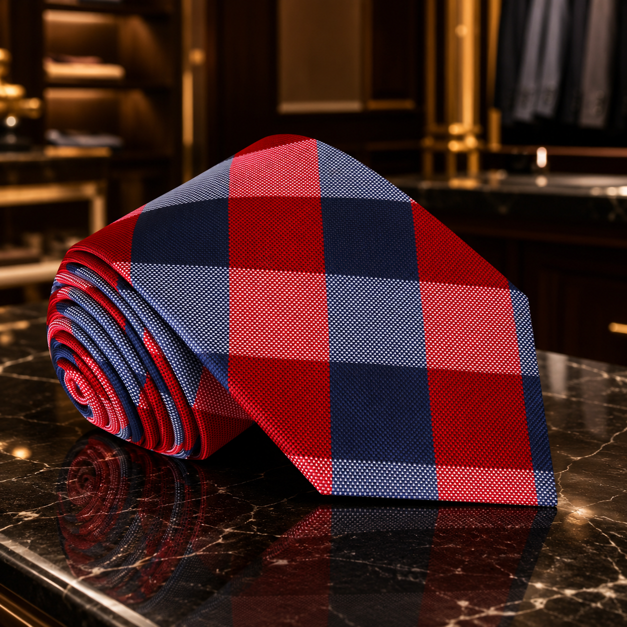 A rolled necktie with a red and navy blue check pattern, displayed on a polished black marble surface with a blurred luxury interior background.