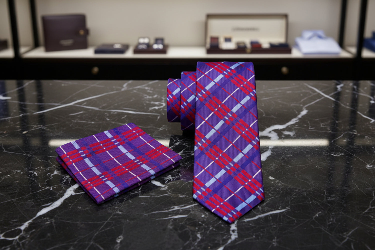 View 3: Red, Blue Plaid Necktie and Square 