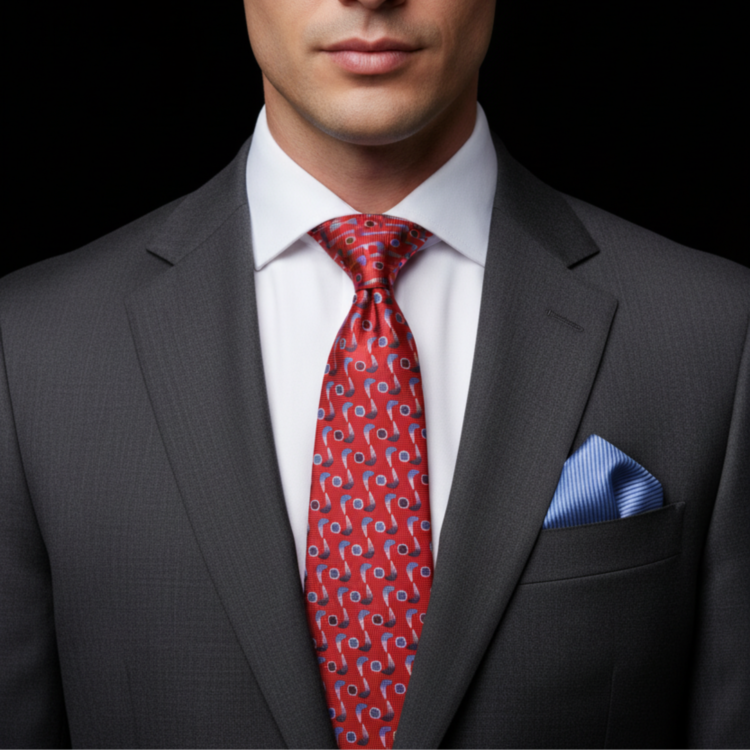 Red with blue shapes tie and blue square on man with suit