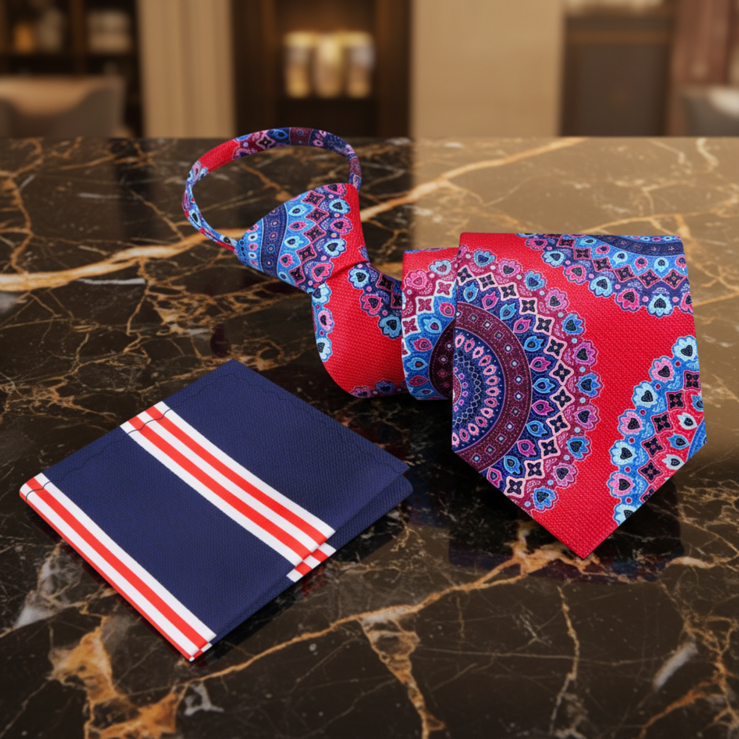Zipper Premium A Red, Blue, Purple, Pink Color Abstract Pattern Tie, Accenting Pocket Square