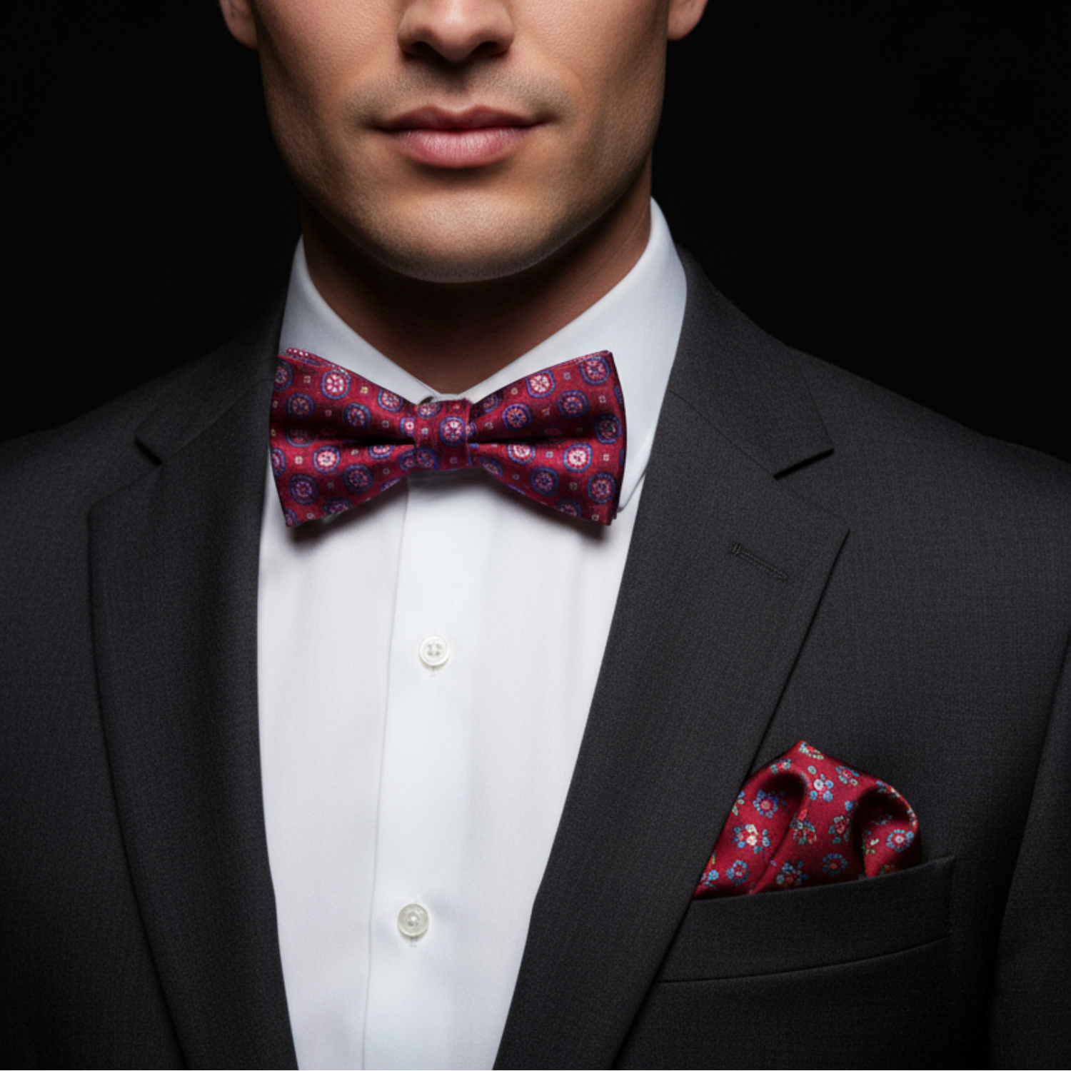 Man wearing a black suit with a white shirt and red floral bow tie and pocket square.