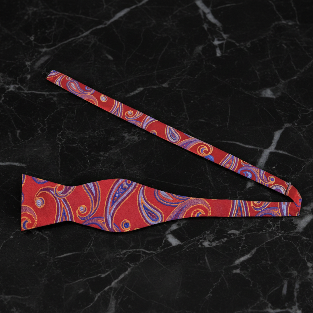 A Red, Blue Paisley Pattern Self Tie Bow Tie