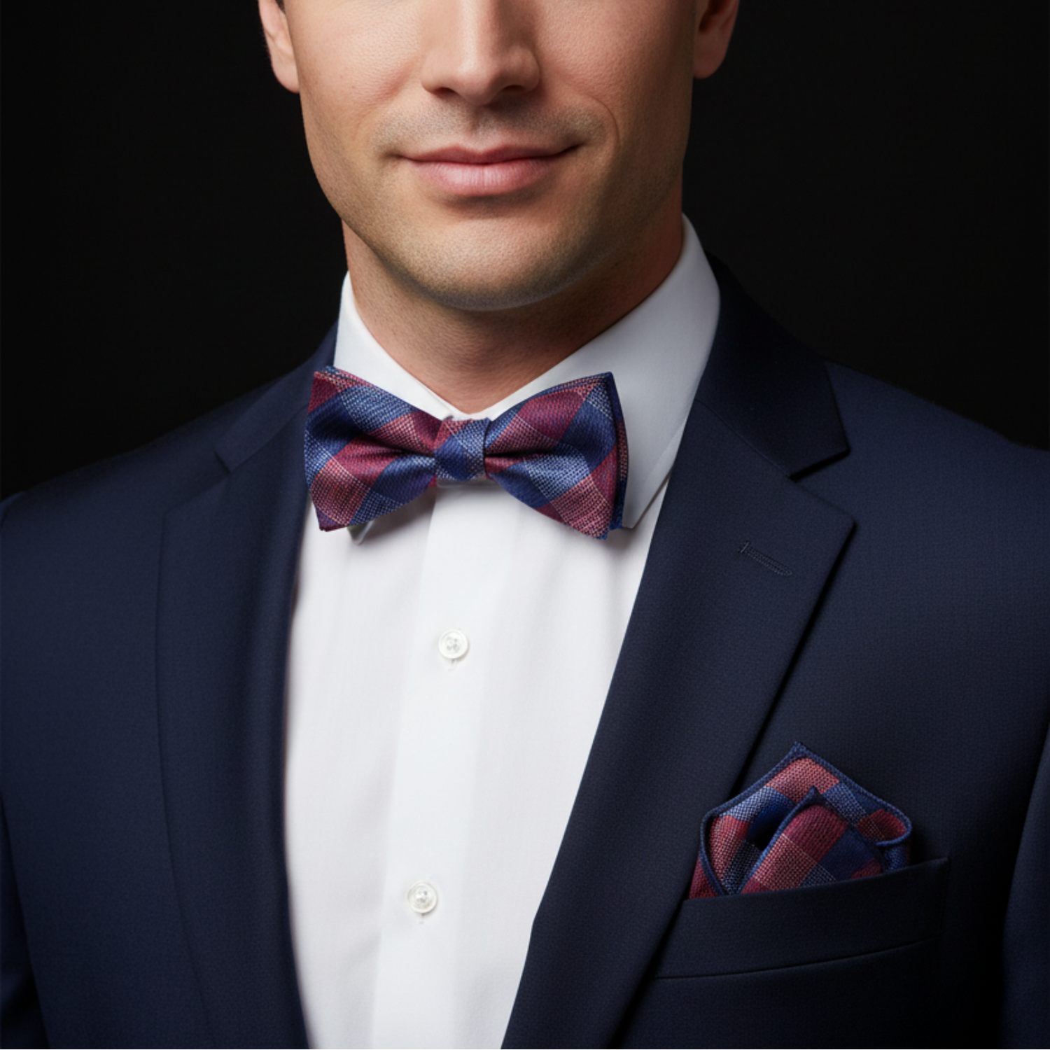 Red and blue plaid bow tie and square on man with blue suit