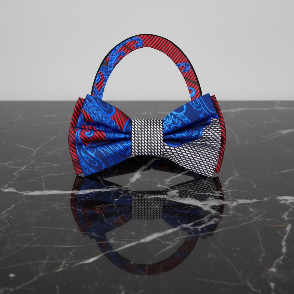 Blue, Grey, Red Paisley Bow Tie Pre Tied
