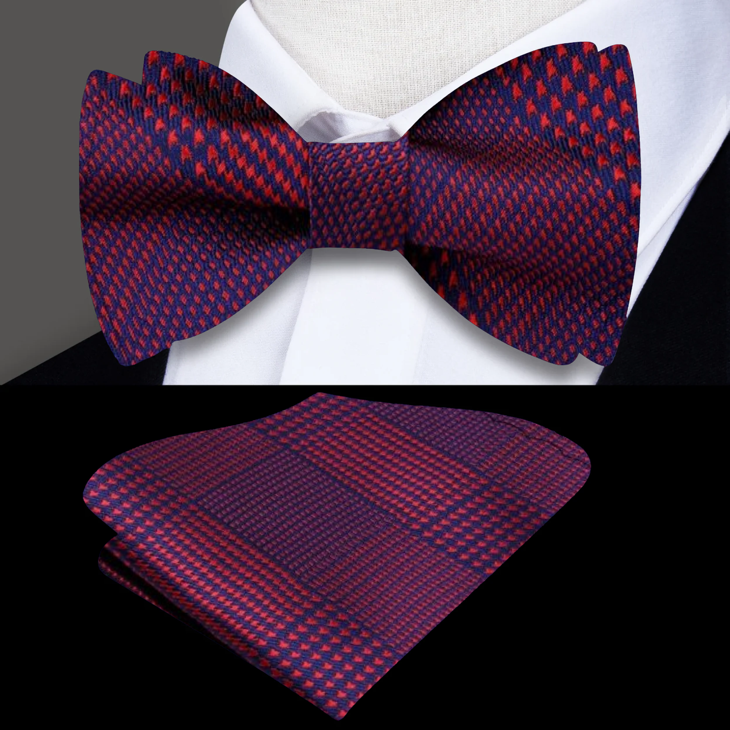 Main: Red Blue Geometric Bow tie and pocket Square||Showstopping Red/Knight Blue
