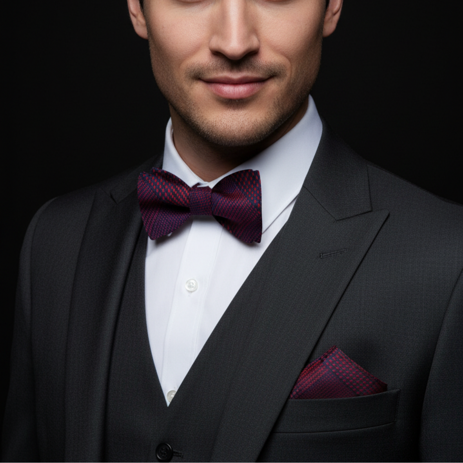 Man wearing a black suit with a purple bow tie and pocket square on a dark background