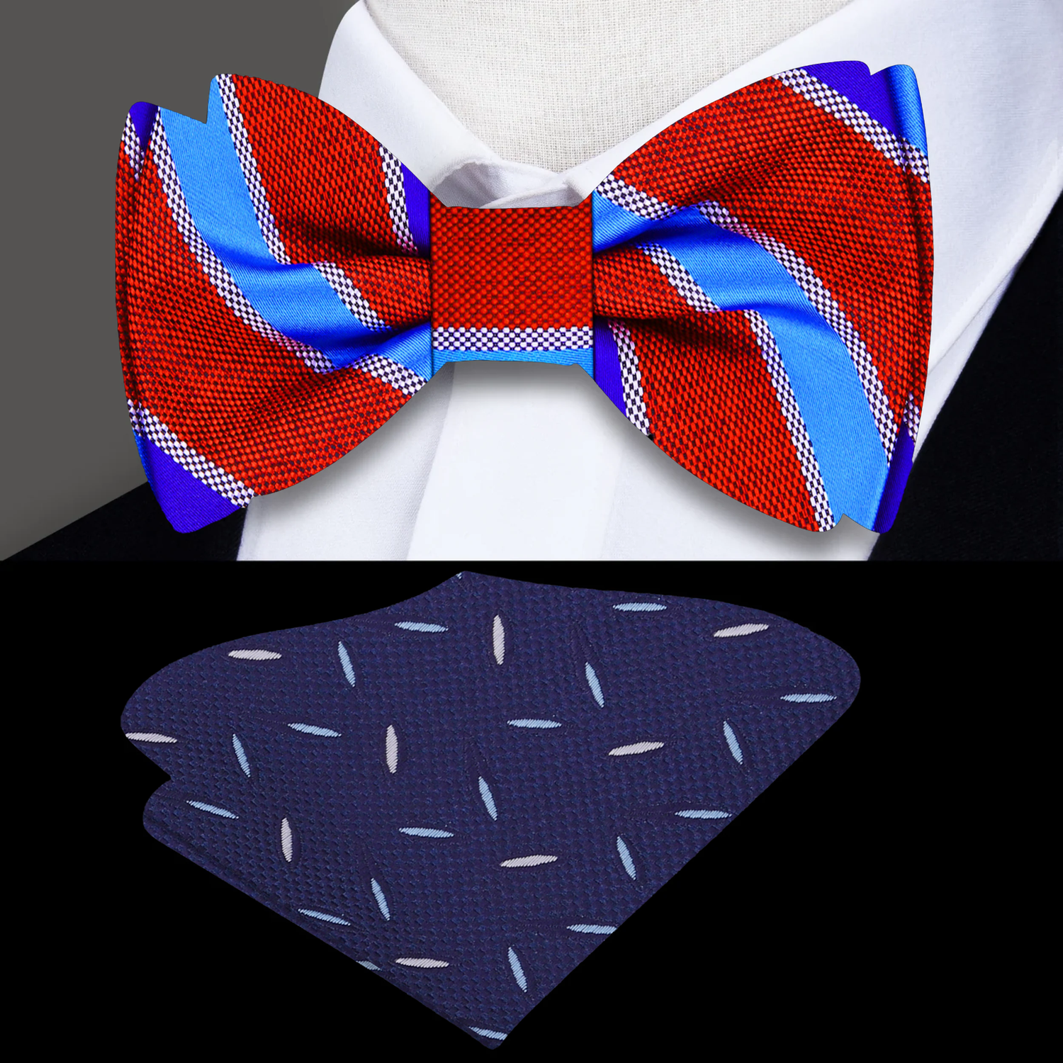 Red and blue stripe bow tie with accenting pocket square on a white shirt.