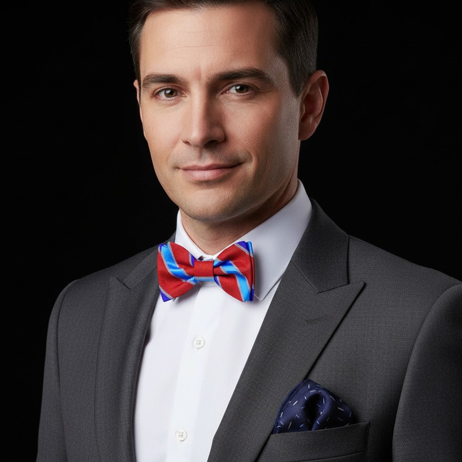 Man wearing a gray suit with a colorful bow tie on a black background