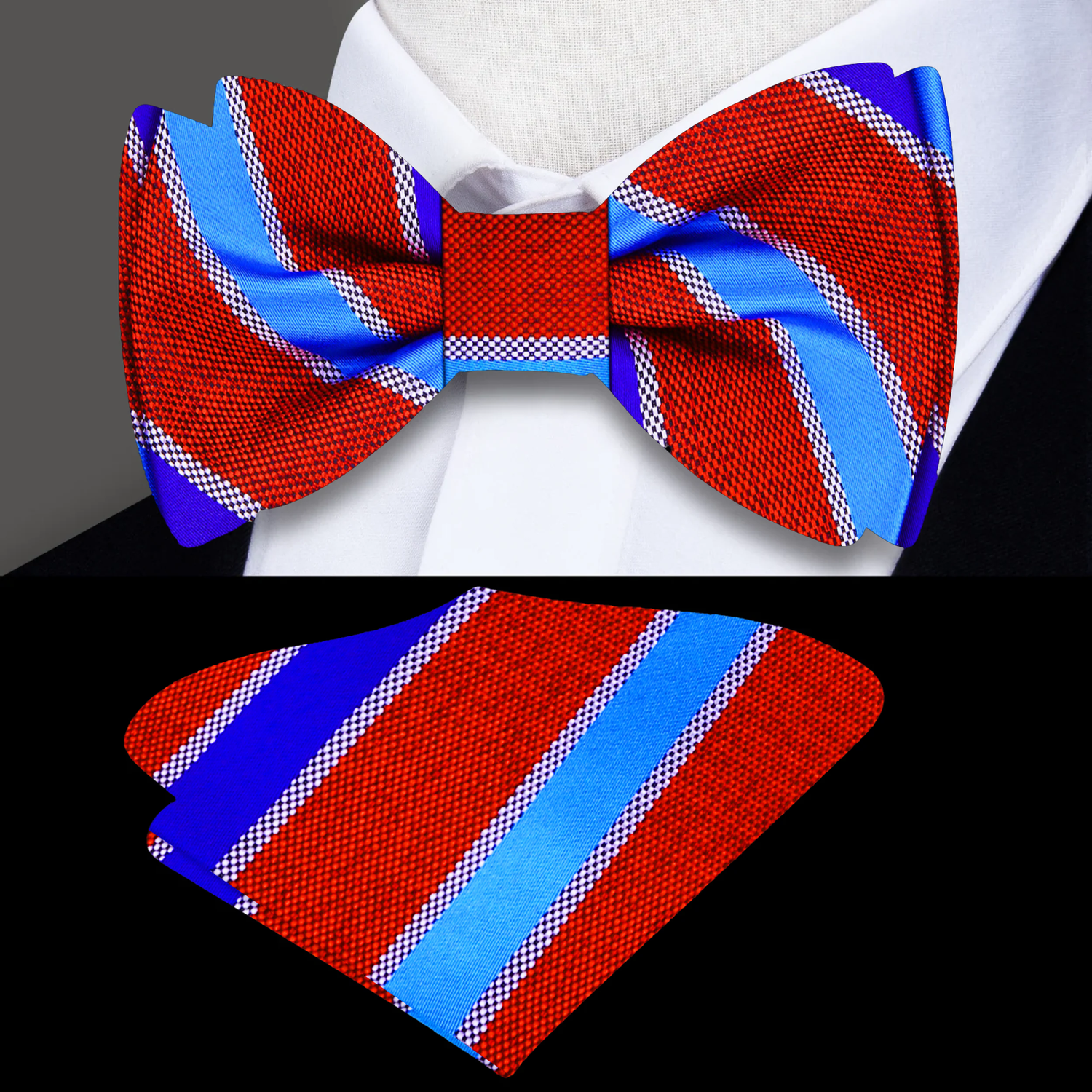 Red and blue striped bow tie and pocket square set on a white shirt.