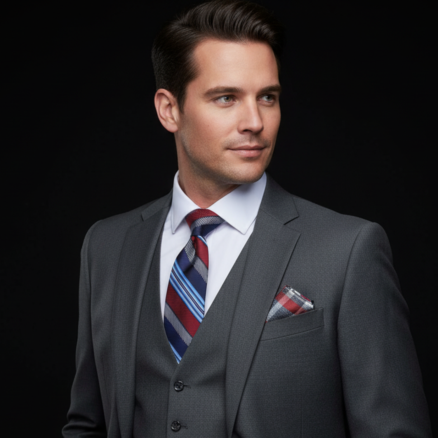 Man wearing a gray suit with a colorful tie and pocket square on a black background