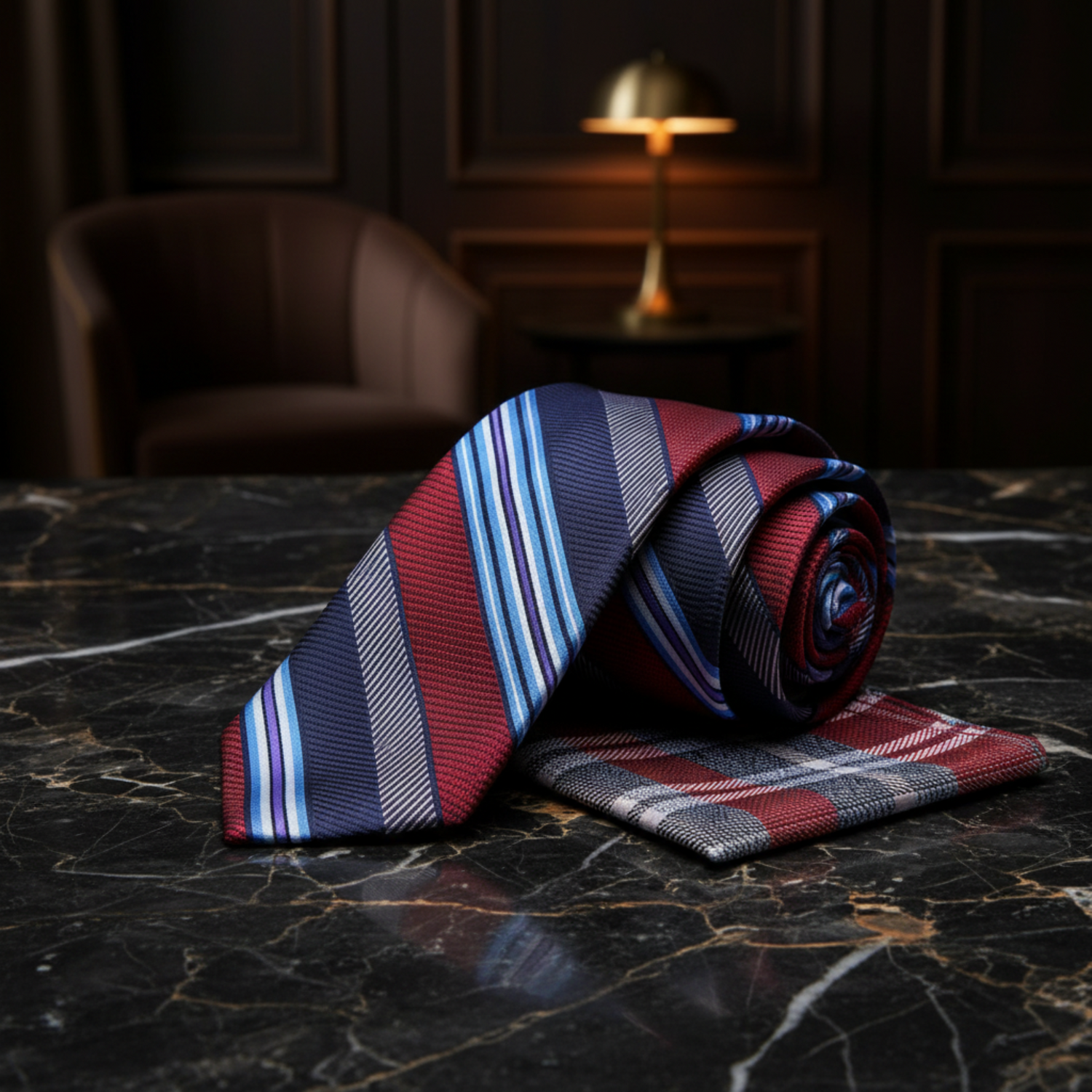 Blue, Light Blue, Red Stripe Tie and Accenting Pocket Square