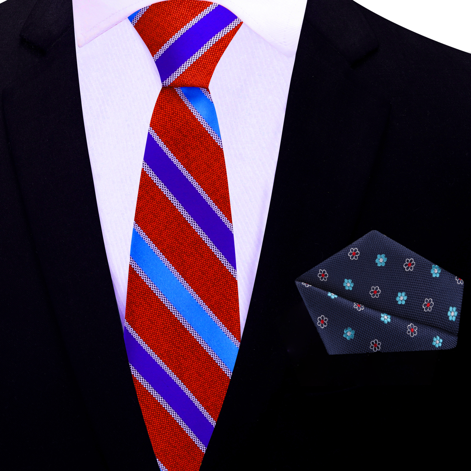 Red, blue, and purple striped thin tie with matching pocket square on a black suit.