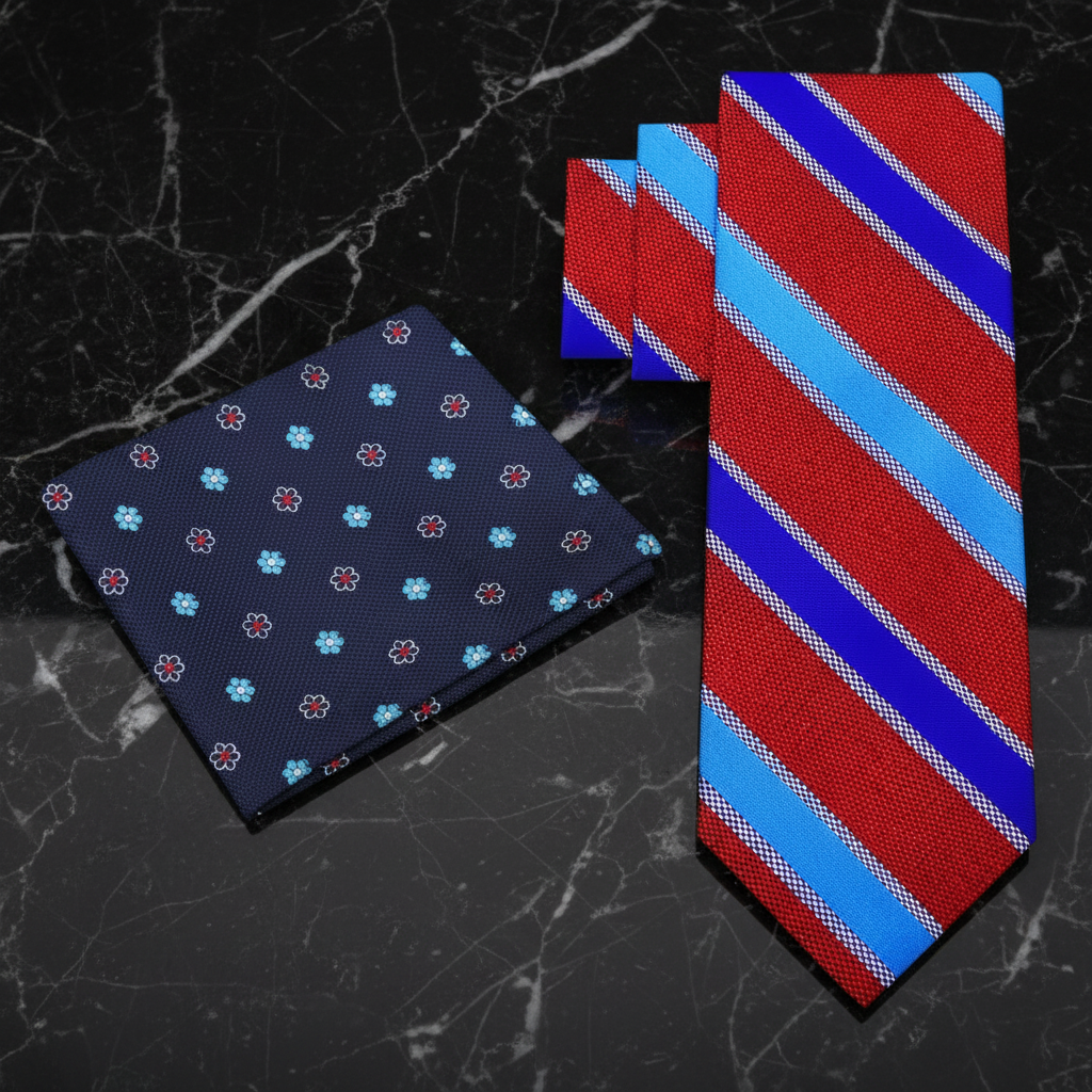 Navy pocket square with floral pattern and red and blue striped tie 