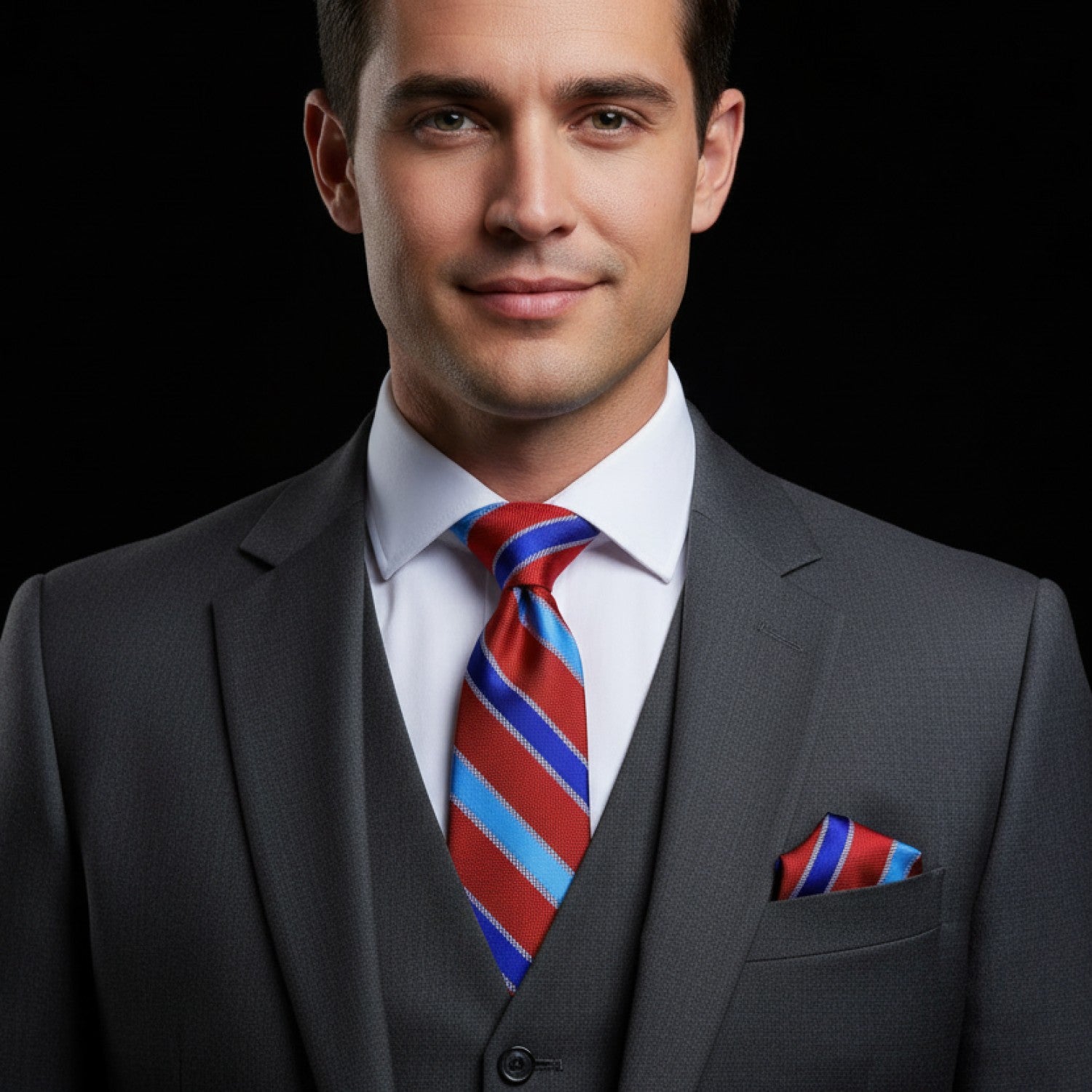 Man wearing a gray suit with a red and blue striped tie against a black background