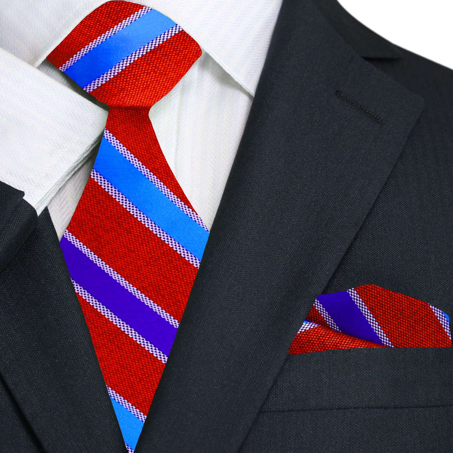 Red, blue, and purple striped tie with matching pocket square on a suit.
