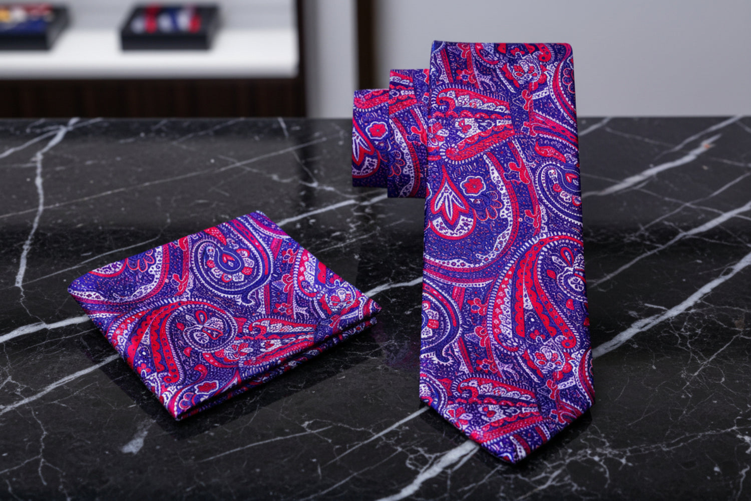 Alt Red and Blue paisley Tie and Square