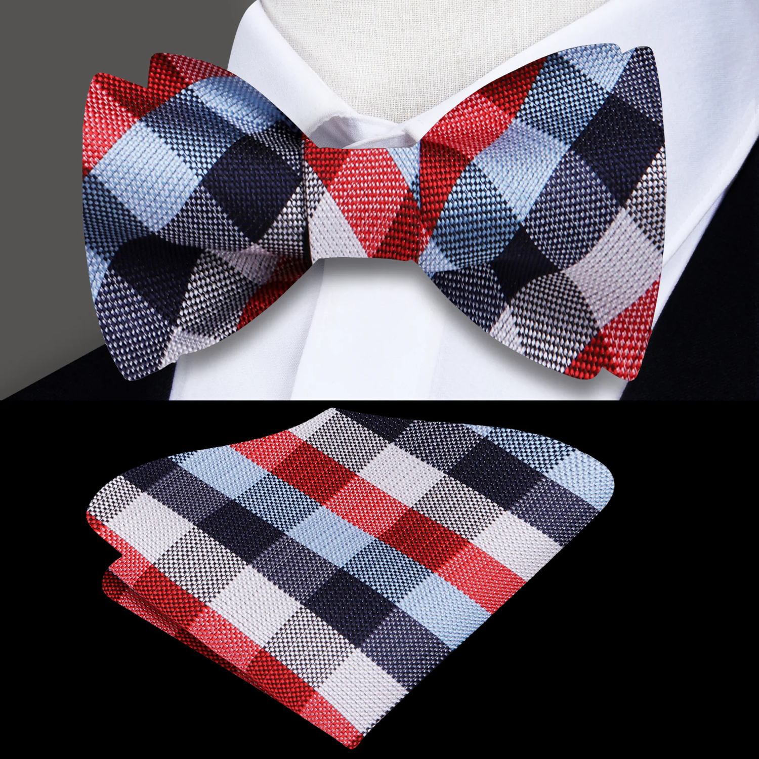 A Red, White, Blue Geometric Check Pattern Self Tie Bow Tie, Matching Pocket Square