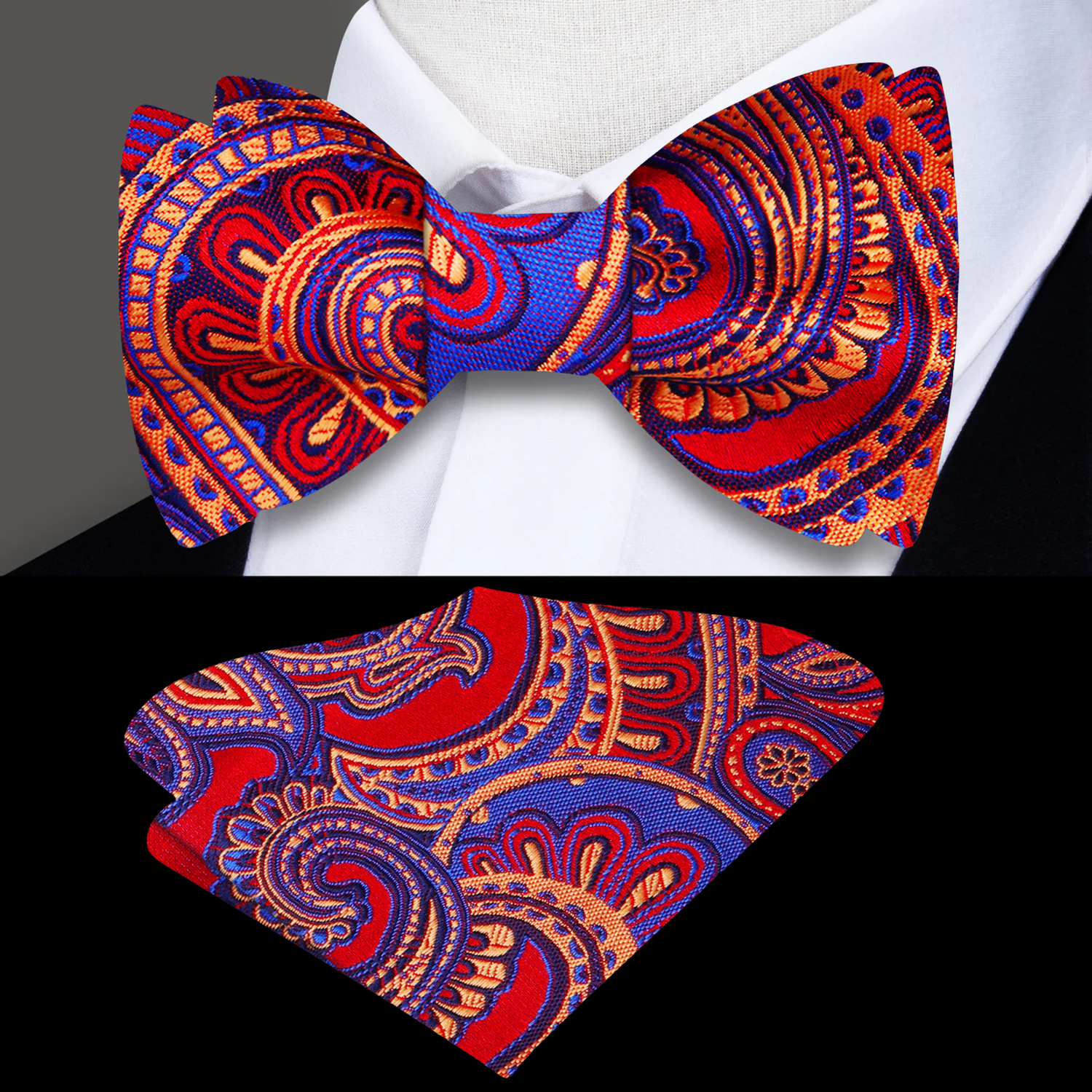 A Red, Blue Paisley Pattern Necktie, Matching Silk Pocket Square