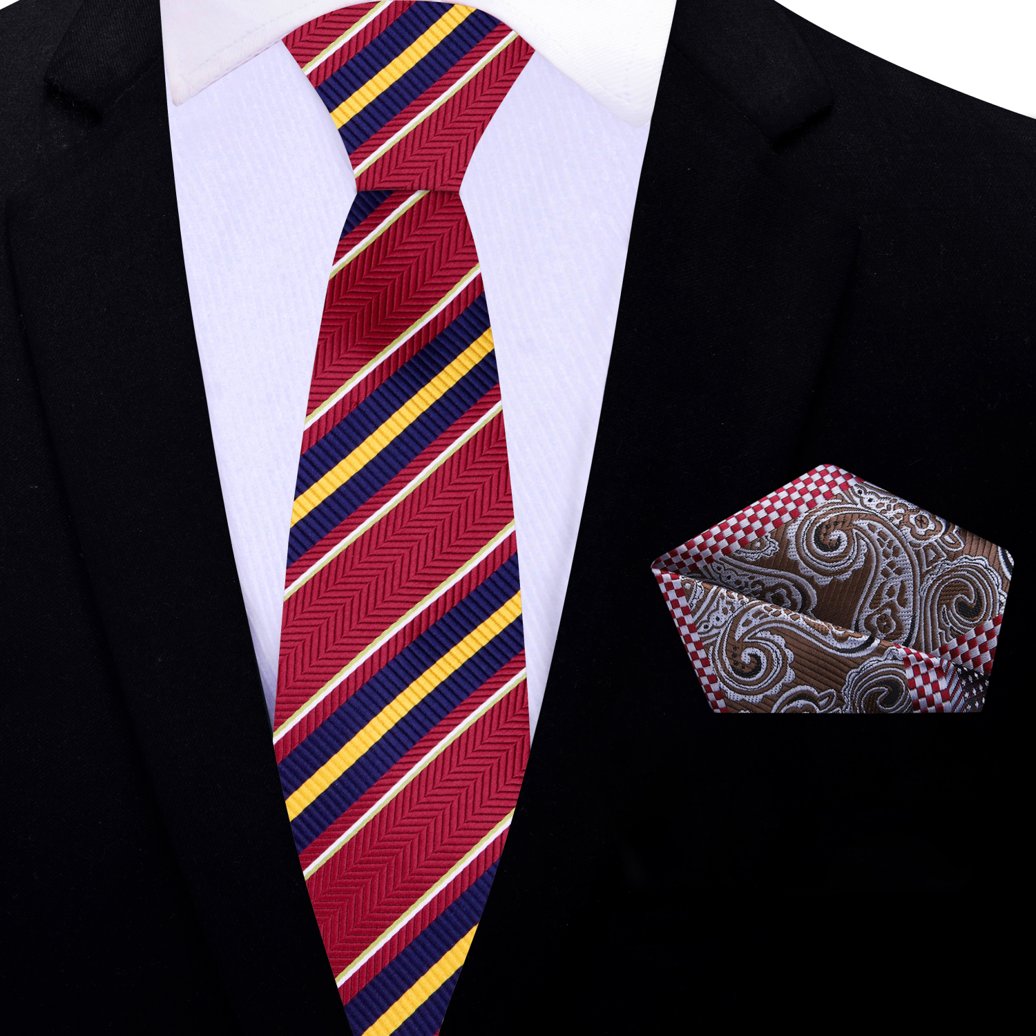 Red, Yellow, Dark Blue Stripe Thin Tie and Accenting Square
