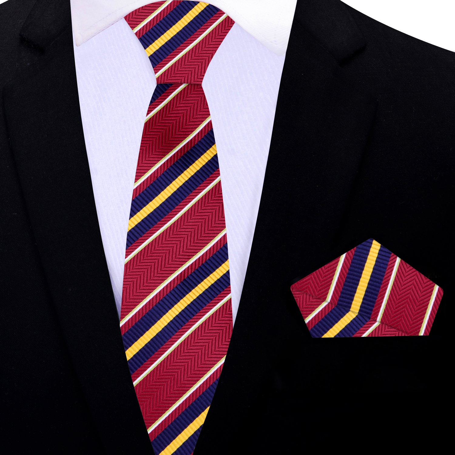 Red, Yellow, Dark Blue Stripe Thin Tie and Square