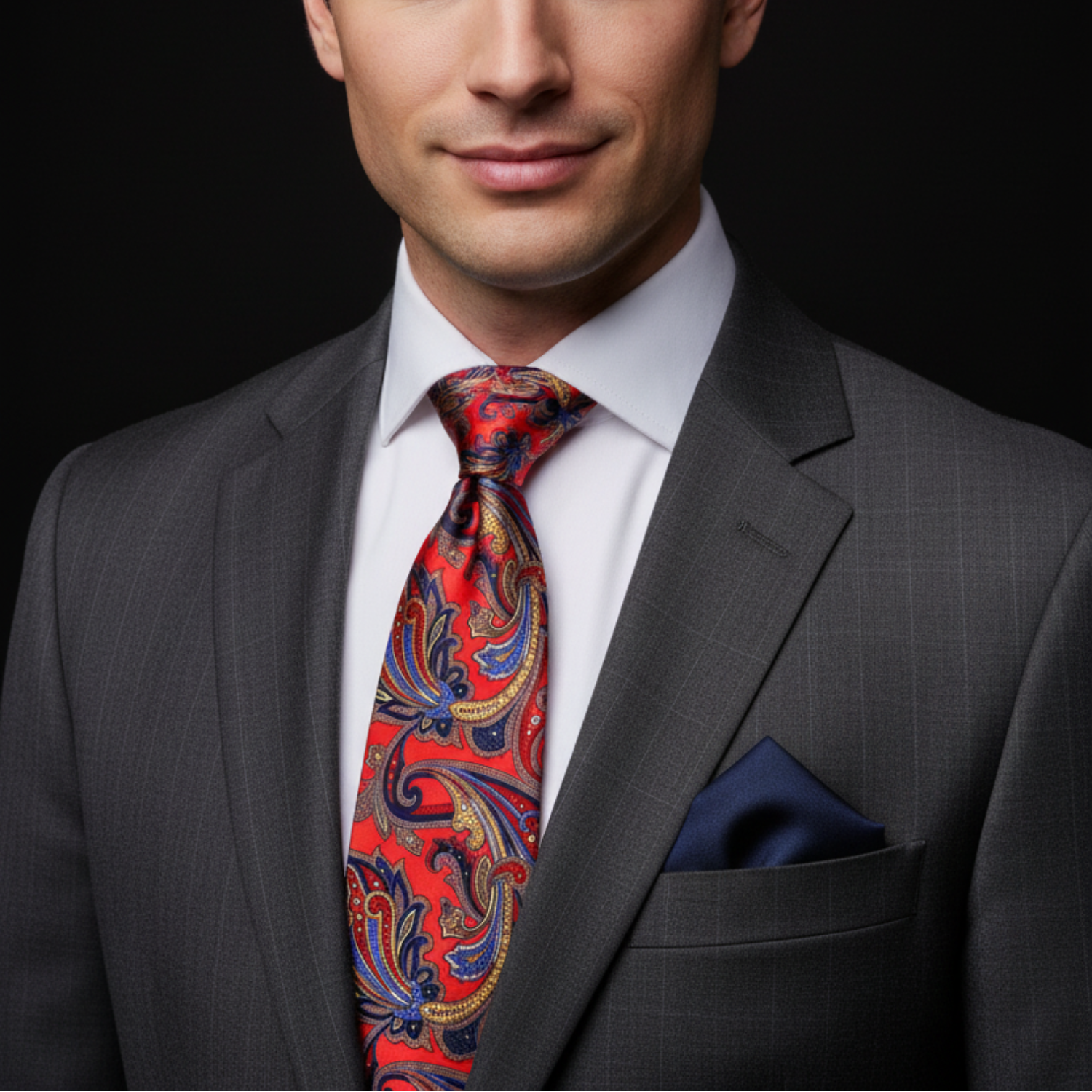 Man wearing a gray suit with a colorful paisley tie and blue pocket square on a black background