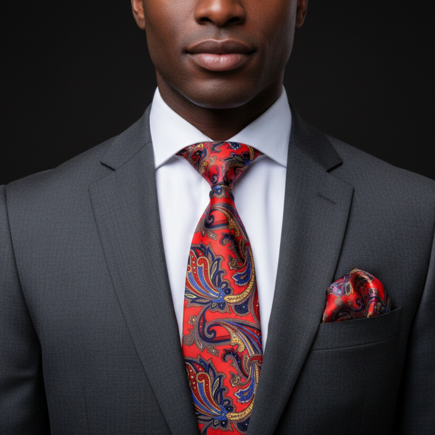 Man wearing a gray suit with a red paisley tie and pocket square against a black background