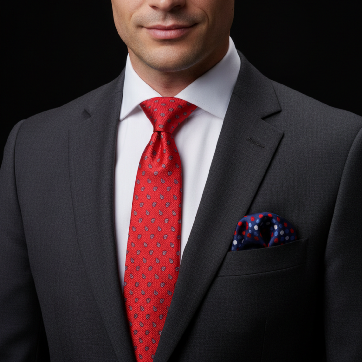 Man wearing a gray suit with a red tie and matching pocket square against a black background