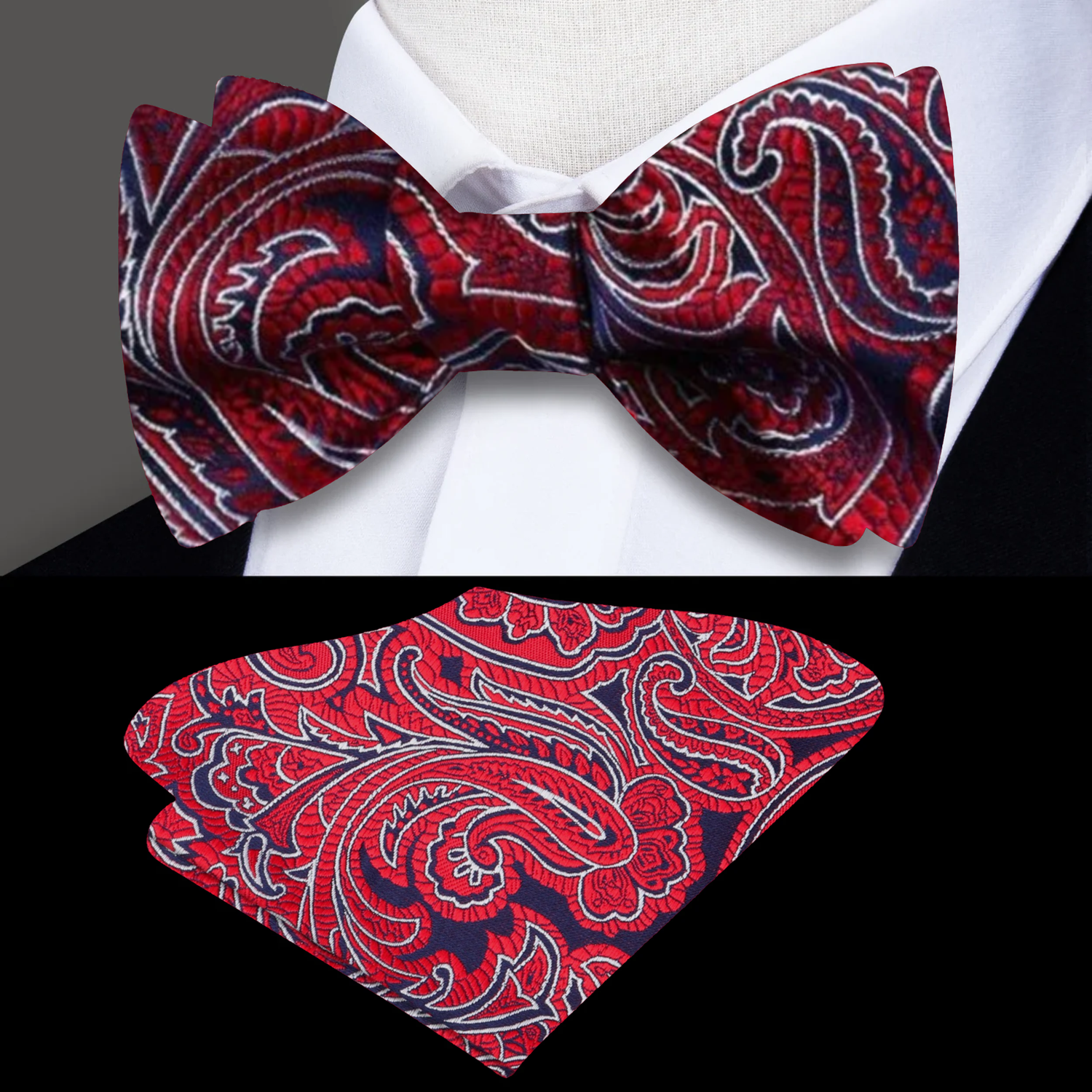 A Red, Blue Intricate Floral and Paisley Pattern Self Tie Bow Tie, Matching Pocket Square