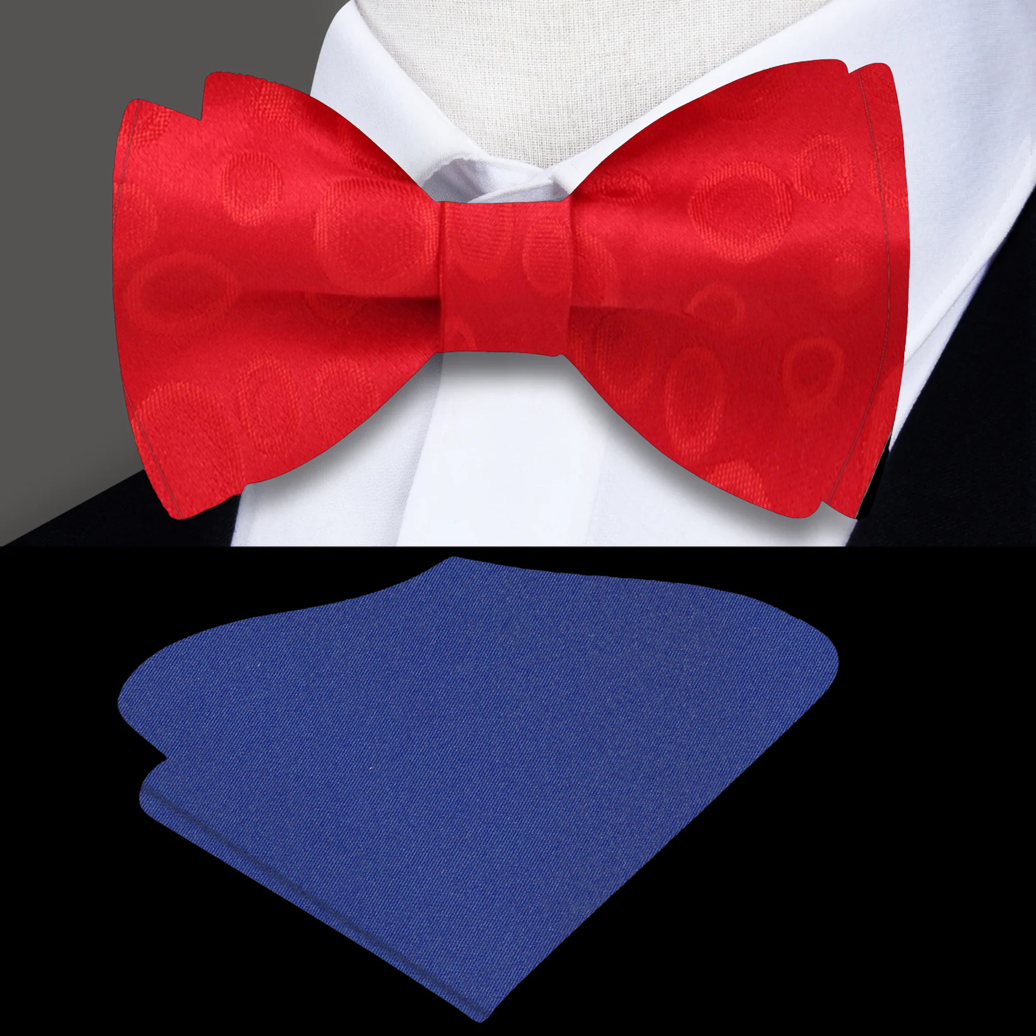 A Red Polka Dot Pattern Self Tie Bow Tie, Blue Pocket Square