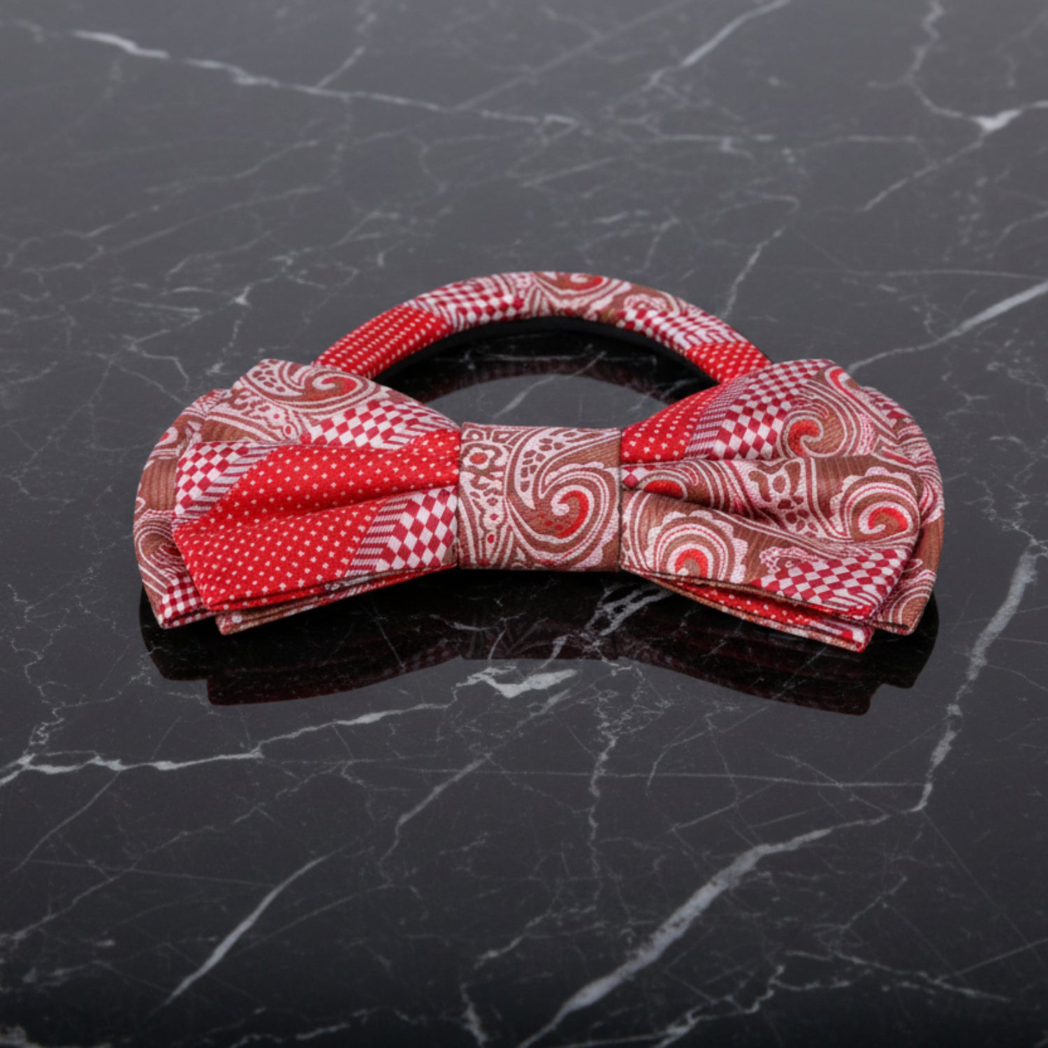 Red, Brown Paisley and Check Bow Tie Pre Tied