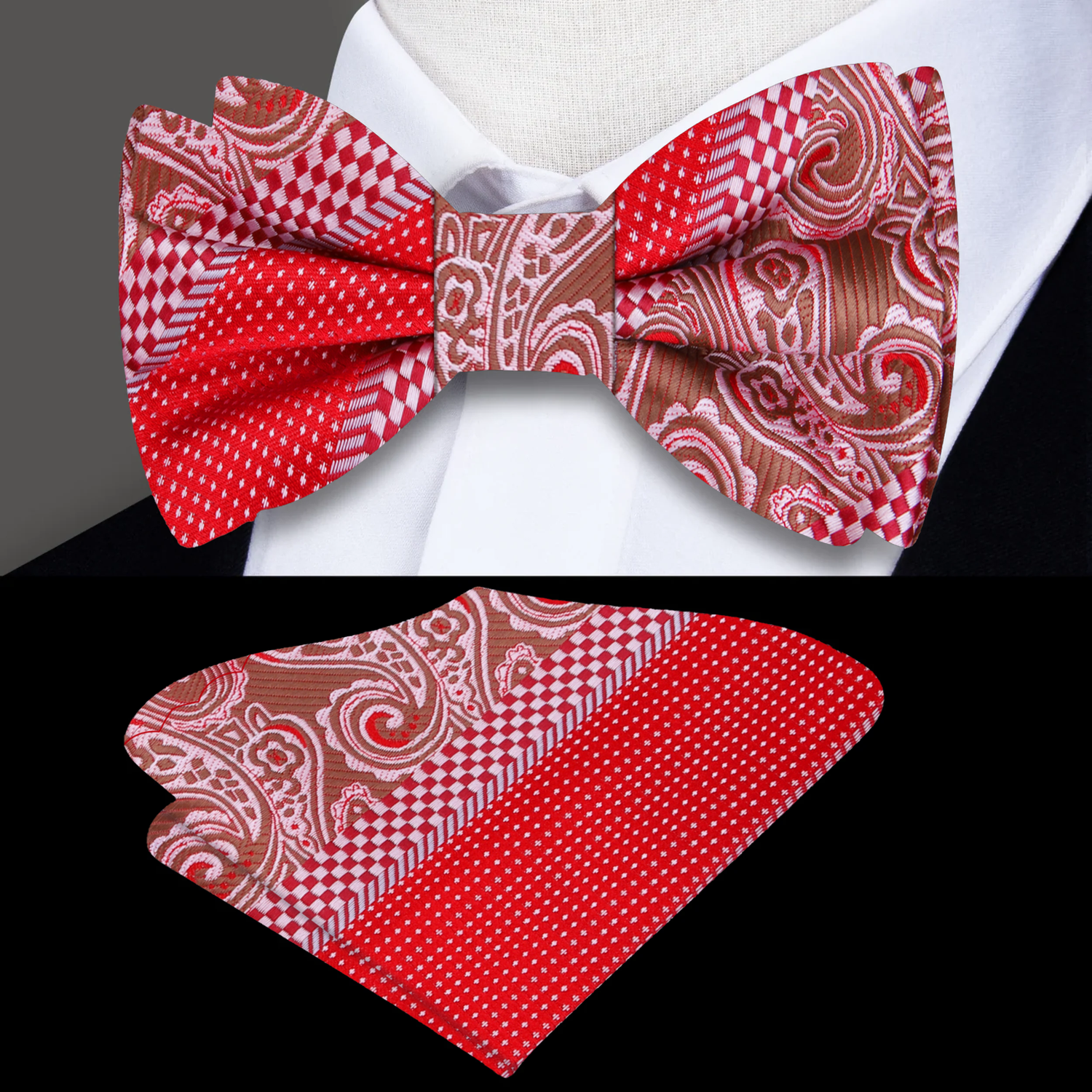 Red, Brown Paisley and Check Bow Tie and Square||Red