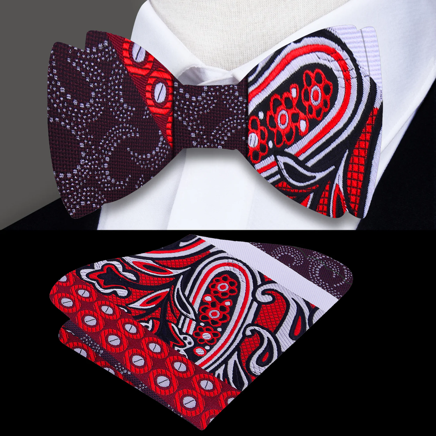 Main A Red, Brown, White Abstract Waves, Paisley, Dot Pattern Self Tie Bow Tie, With Matching Pocket Square