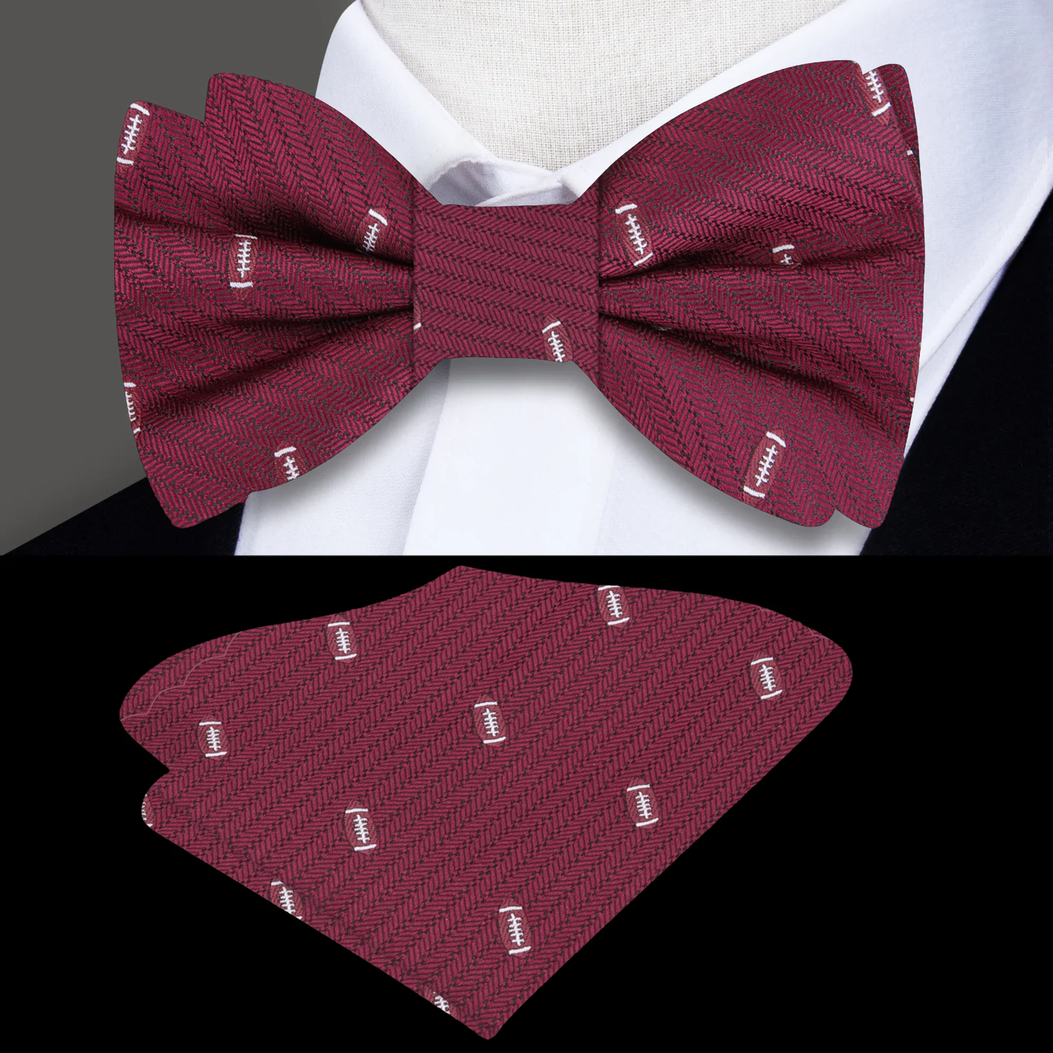 Deep Red with Footballs Bow Tie and Pocket Square