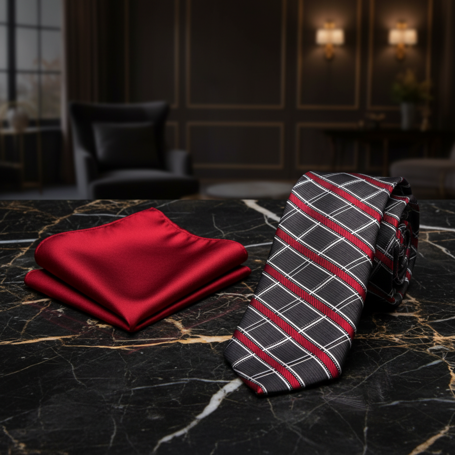 Alt View: Greyish Brown, Red, White Plaid Tie and Red Square