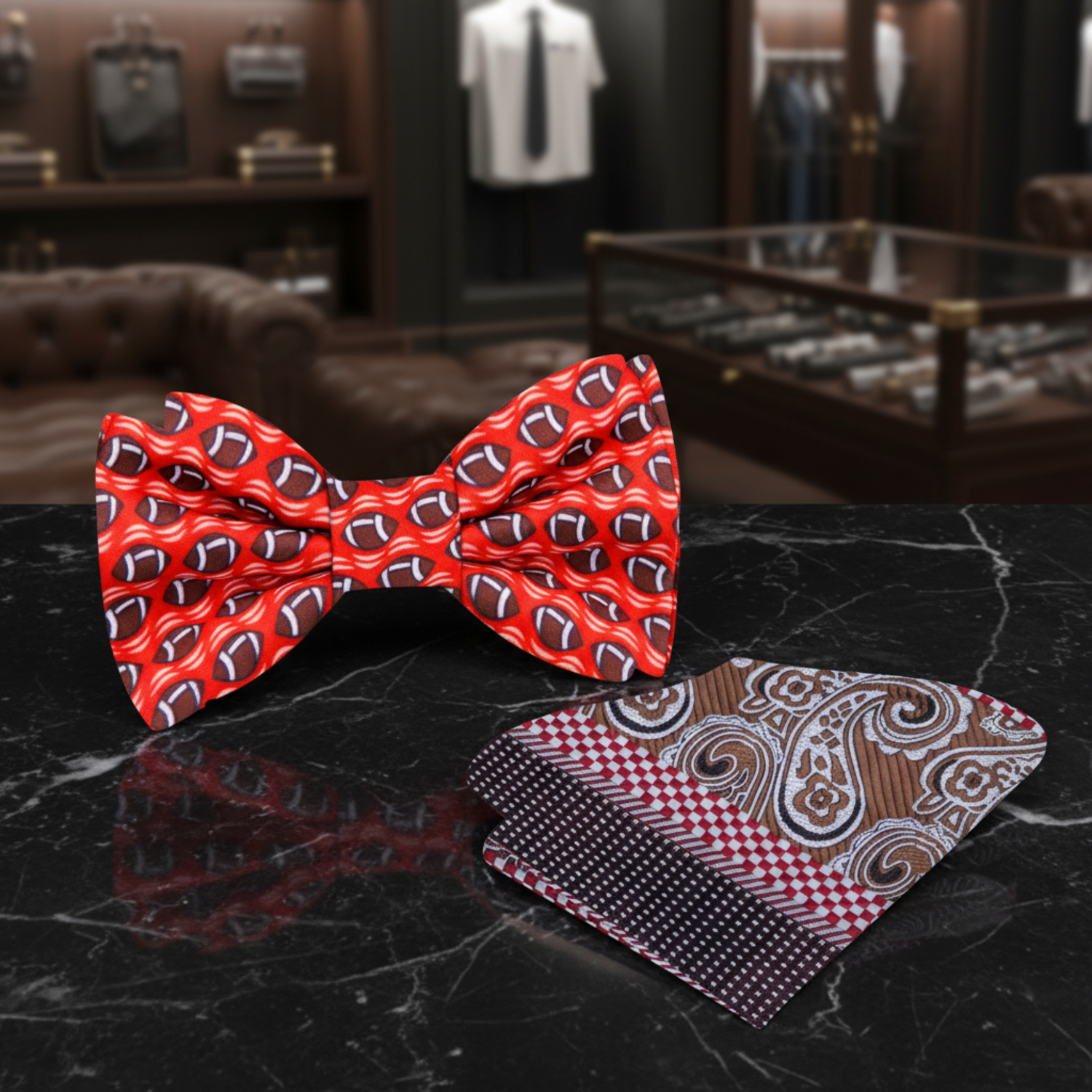 Red, Brown Small Footballs Bow Tie And Accenting Pocket Square