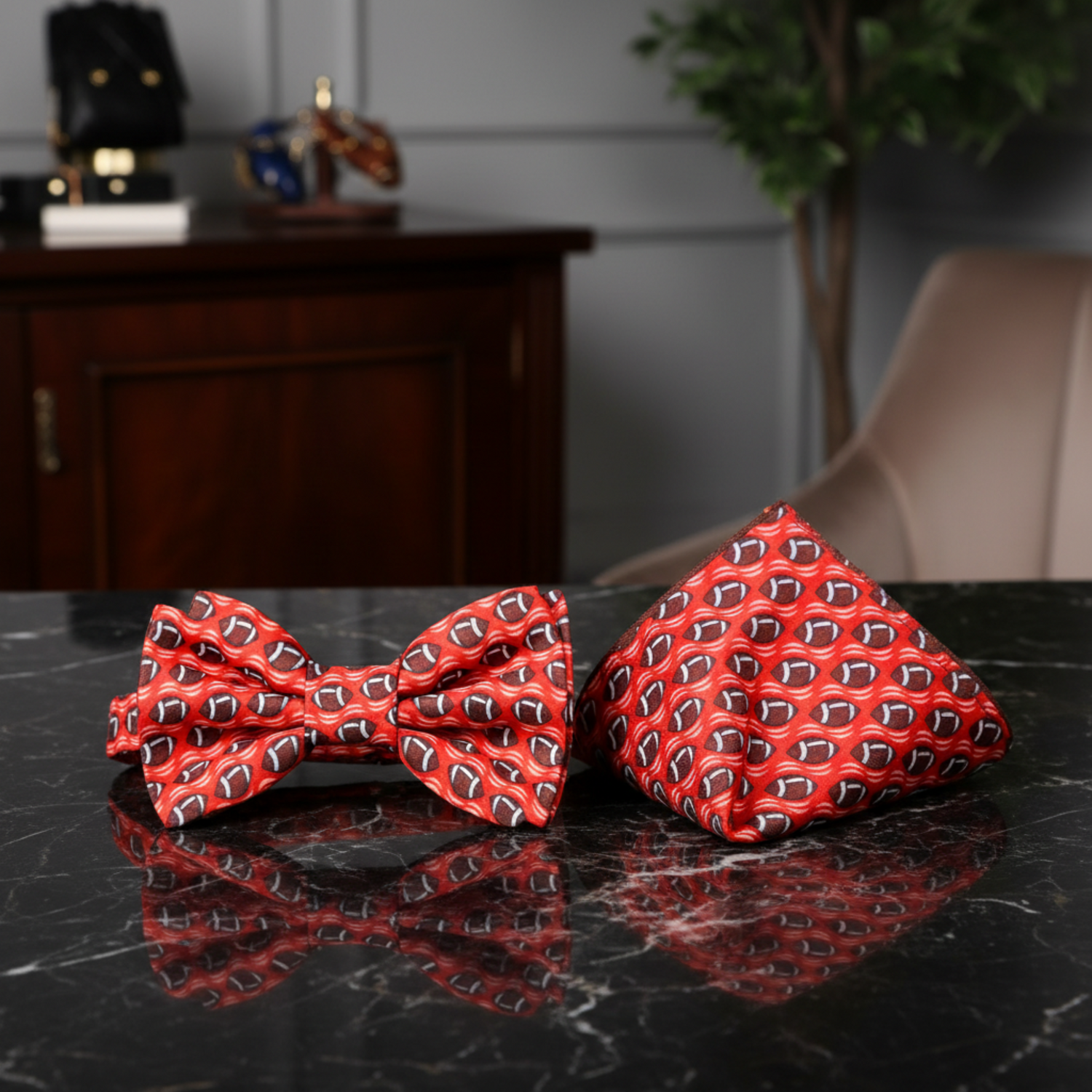 Red, Brown Small Footballs Bow Tie And Pocket Square