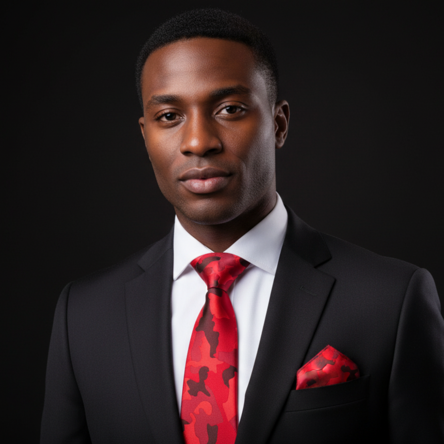 Man wearing a black suit with a red tie and pocket square on a black background