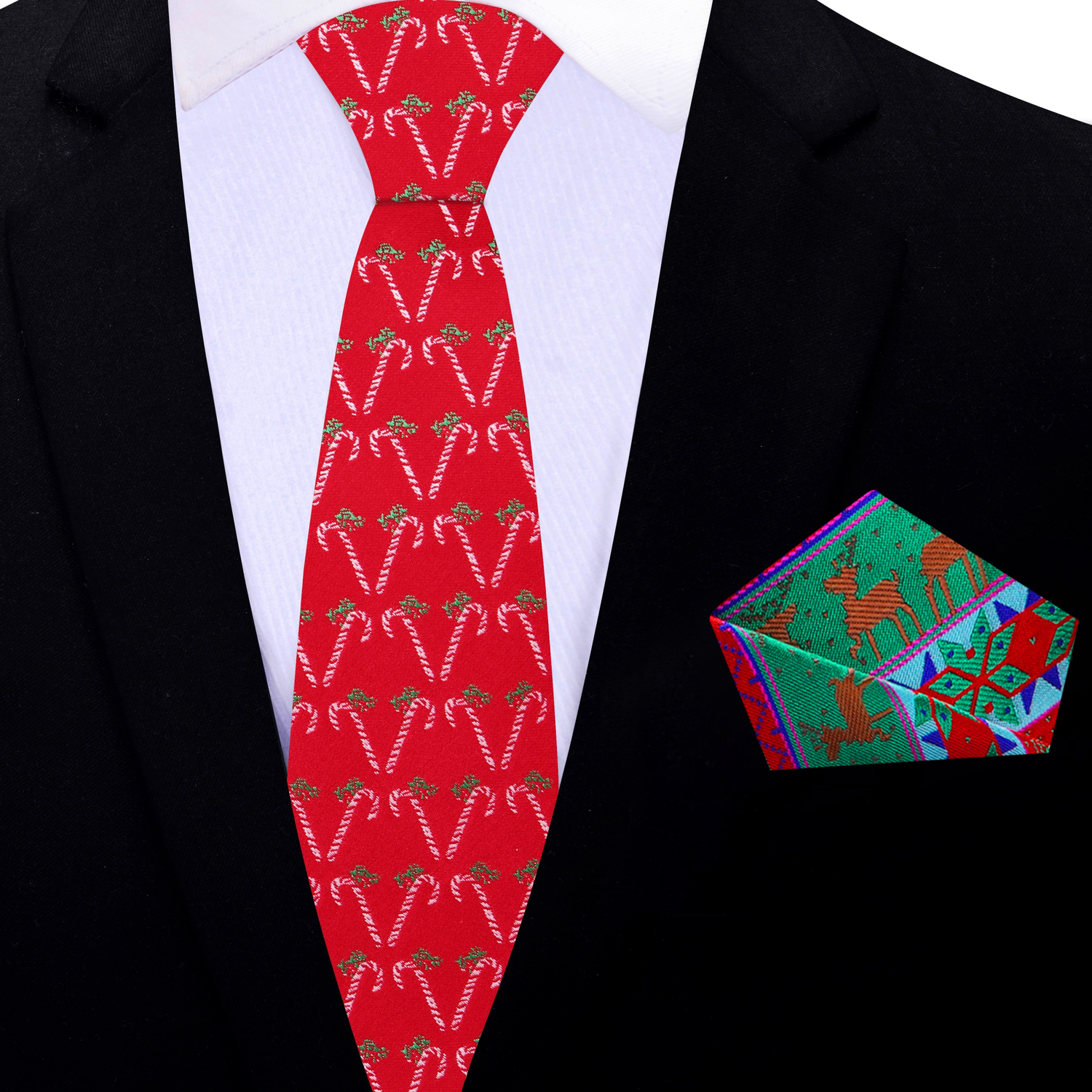 Thin  Red, Green, White Candy Cane Necktie And Accenting Pocket Square