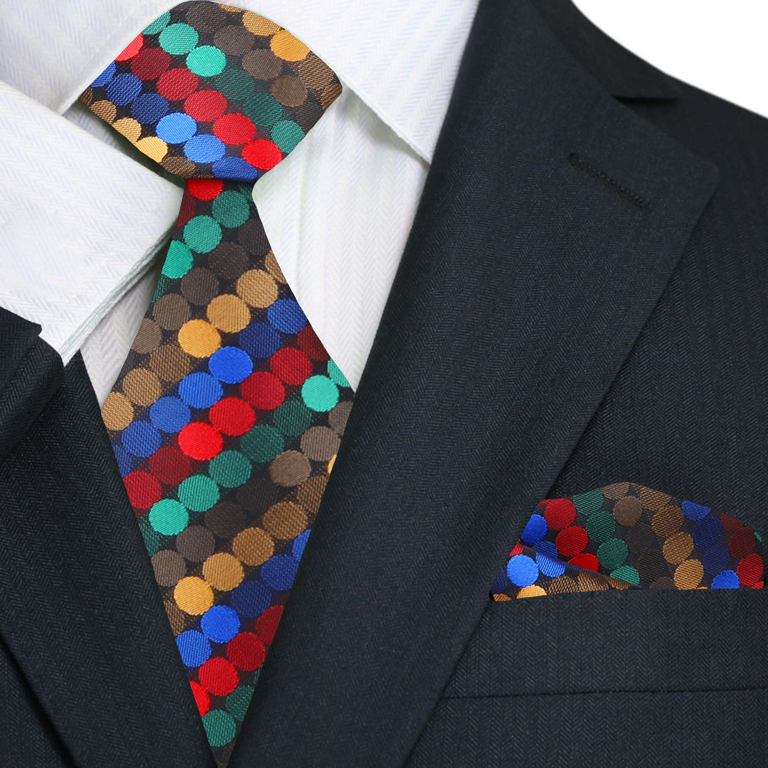 Colorful polka dot tie and pocket square set on a black suit jacket.