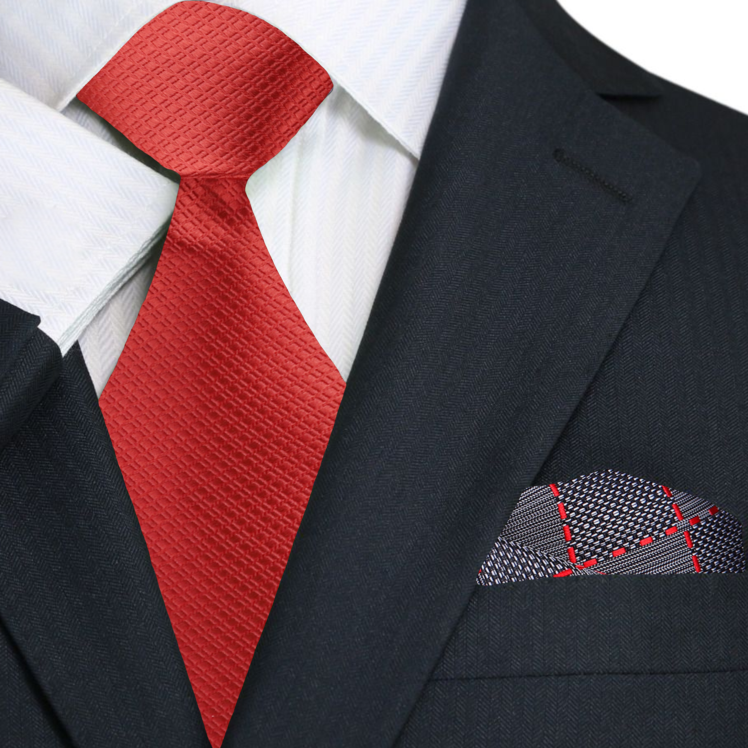 Black suit with a red tie and accenting pocket square