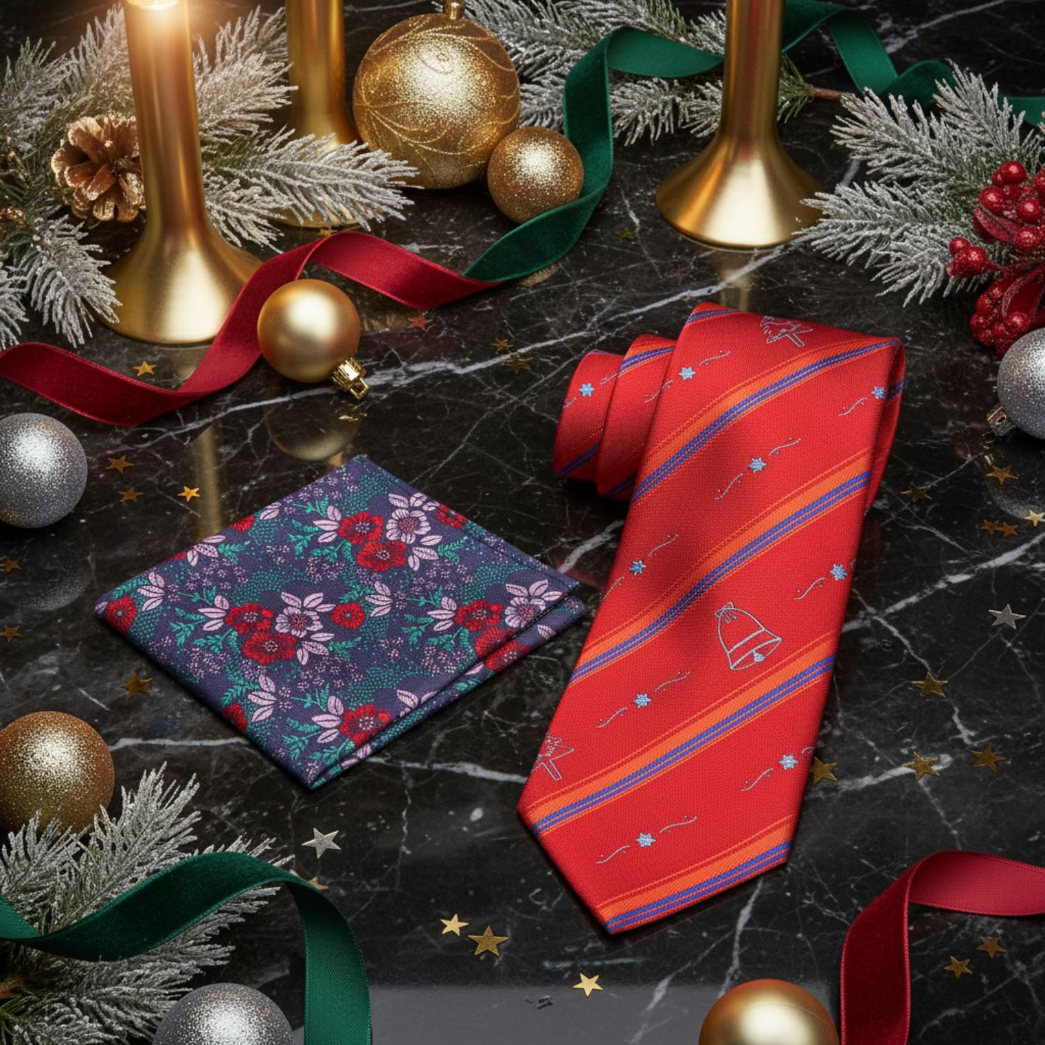 Red with Christmas Tree and Bell Tie and Accenting Pocket Square