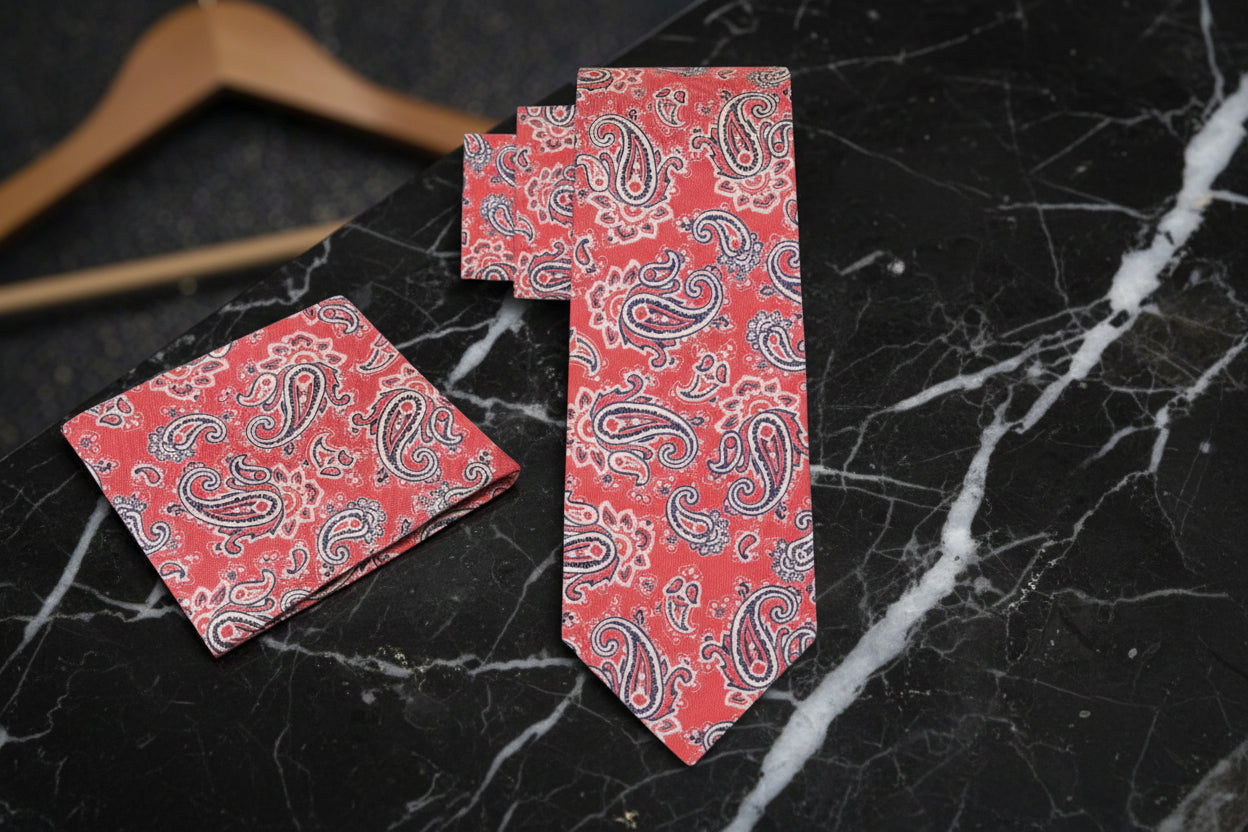 View 2: A Red, Gold, Black Paisley Pattern Silk Necktie, Matching Pocket Square